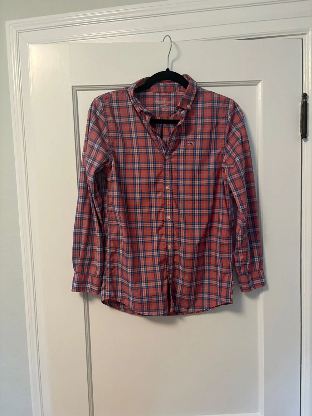 Vineyard Vines Boys Red and Blue Plaid Performance Shirt